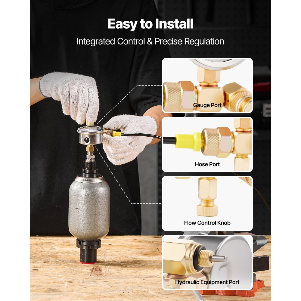VEVOR Kit de Carga de Nitrógeno Hidráulico, 0–100 Bar, Sistema de Prueba de Presión con Manómetro, Manguera de Gas 90 cm, Cuerpo de Válvula y Adaptador CGA580 para Maquinaria de Construcción