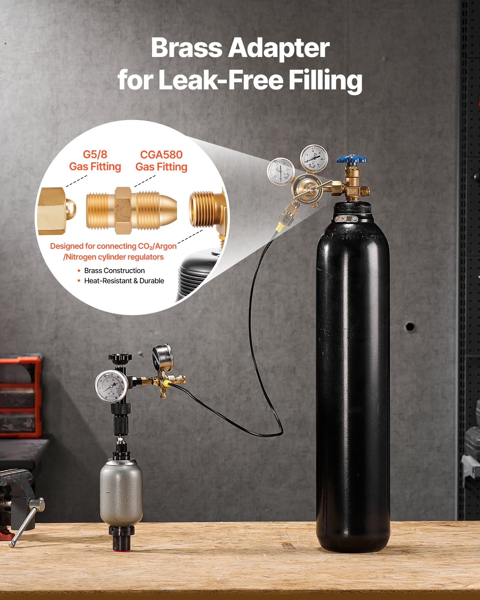 VEVOR Kit de Carga de Nitrógeno Hidráulico, 0–100 Bar, Sistema de Prueba de Presión con Manómetro, Manguera de Gas 90 cm, Cuerpo de Válvula y Adaptador CGA580 para Maquinaria de Construcción