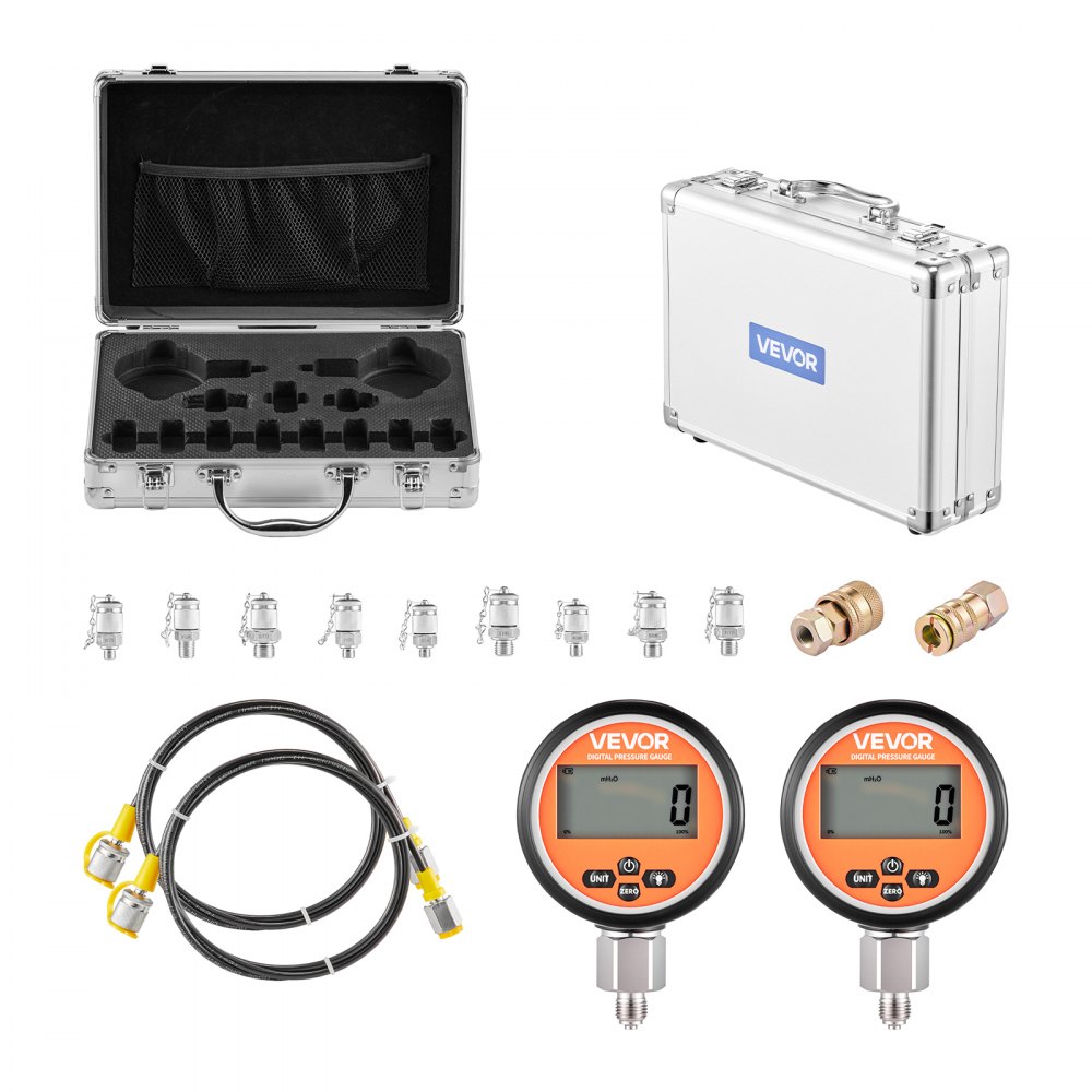 VEVOR Juego de Acoplamientos de Prueba de Presión Hidráulica Digital, con 2 Manómetros 0–700 Bar, 9 Acoplamientos de Prueba y 2 Rápidos, 2 Mangueras para Excavadoras y 1 de Construcción, Negro