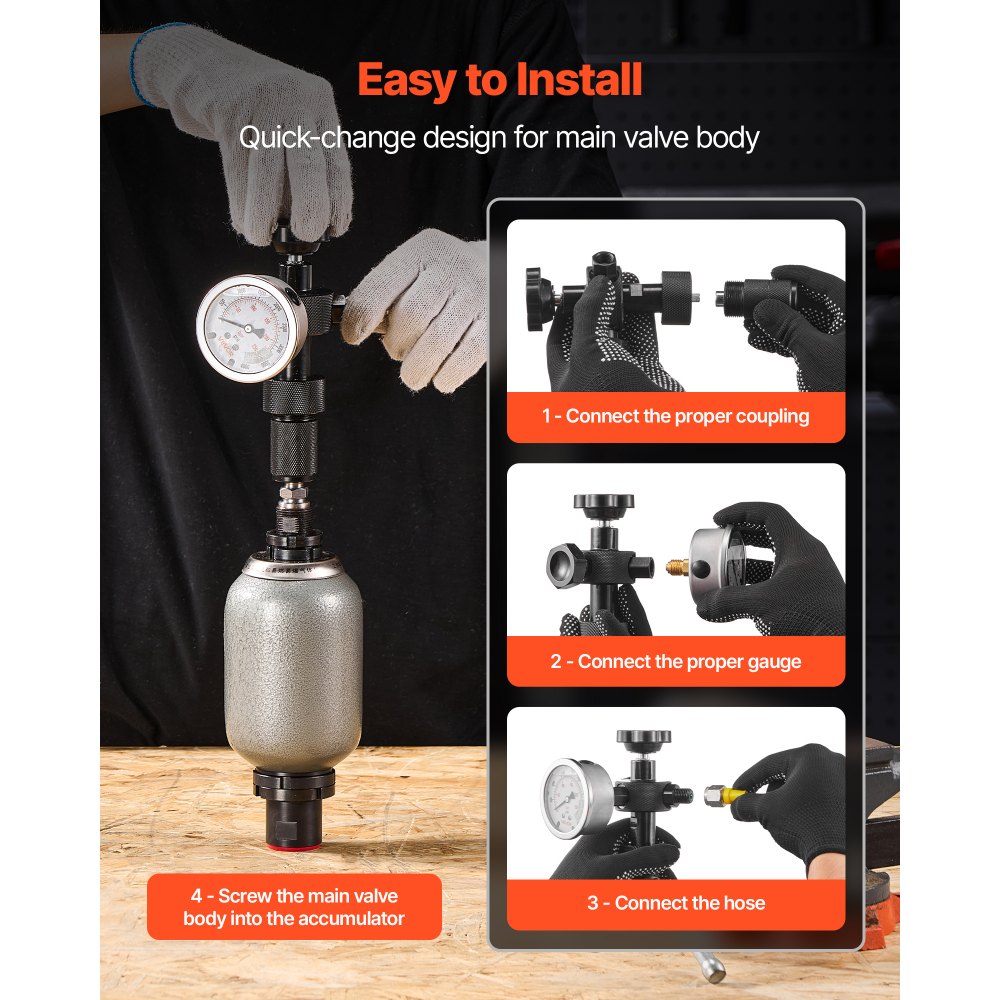 VEVOR Hydraulic Nitrogen Accumulator Charging Kit, All-in-One Nitrogen Fill Kit, Pressure Test System with 3 Gauges (100, 250, 400 Bar), 6 Adapters Couplings, 1 Gas Hose, 1 Valve, 1 CGA580 Adapter