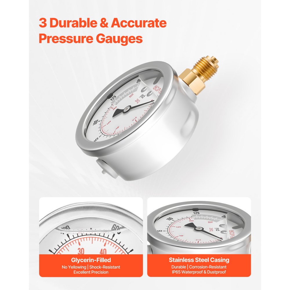 VEVOR Kit de Prueba de Presión Hidráulica, de 10/60/160/400/600 bar, Incluye 5 Manómetros, 20 Acoplamientos, 4 Acoplamientos Rápidos y 3 Mangueras para Excavadoras y Maquinaria de Construcción