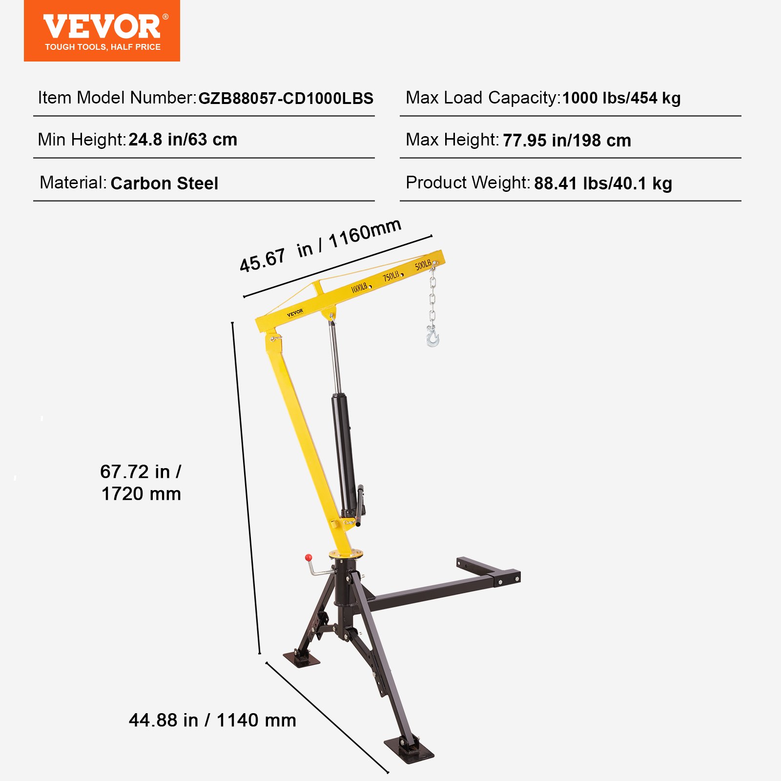 VEVOR Grúa Hidráulica para Camioneta Grúa 1160 x 1140 x 1720 mm Montada en Enganche Capacidad de 454 kg Giro de 360° para Elevación de Construcción, Silvicultura