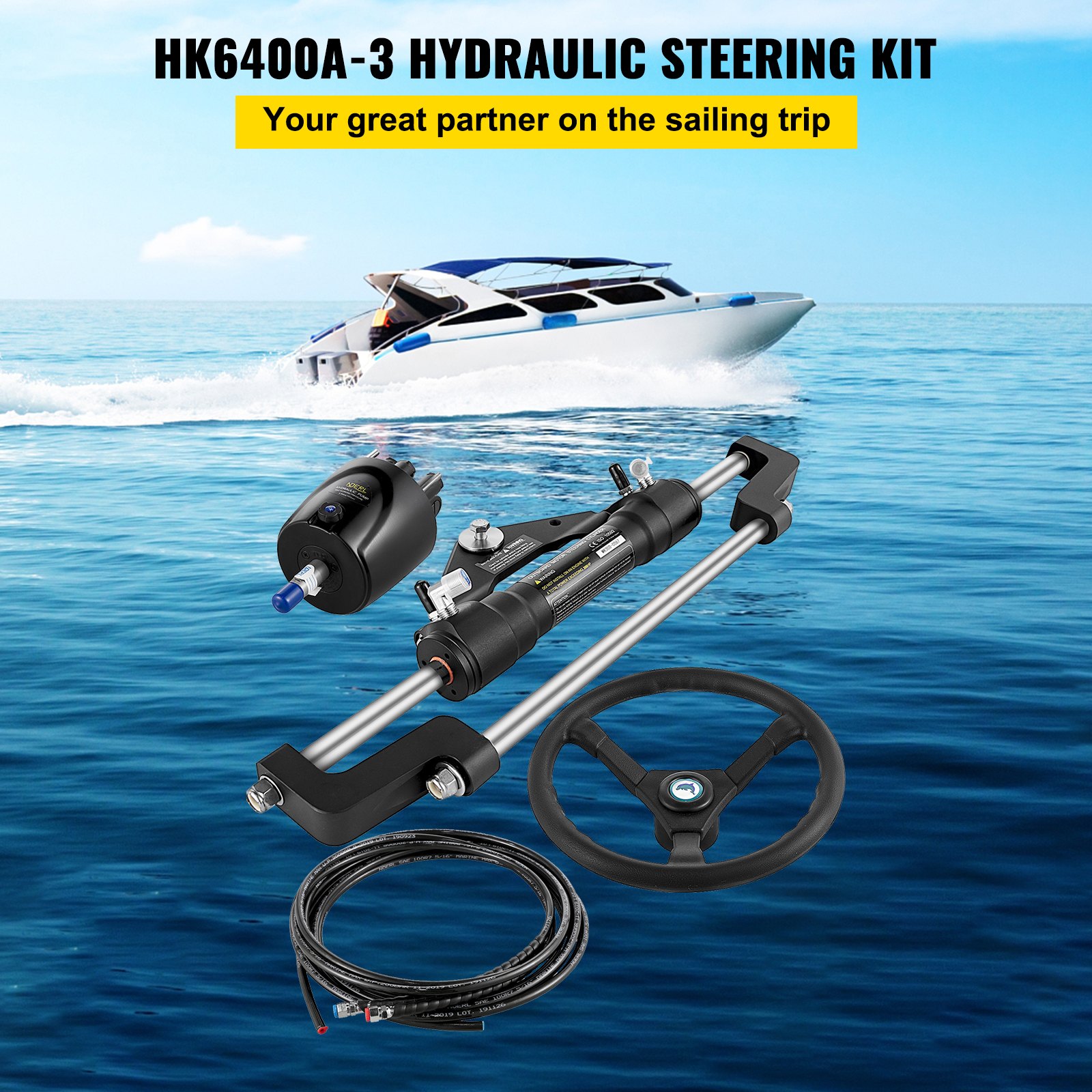 VEVOR Hydraulic Boat Steering Kit, 300 HP Hydraulic Steering Pump, Aluminum Alloy Steering Cylinder, 13.5-inch Steering Wheel with 10-inch Hydraulic Steering Hose for Boat Steering System
