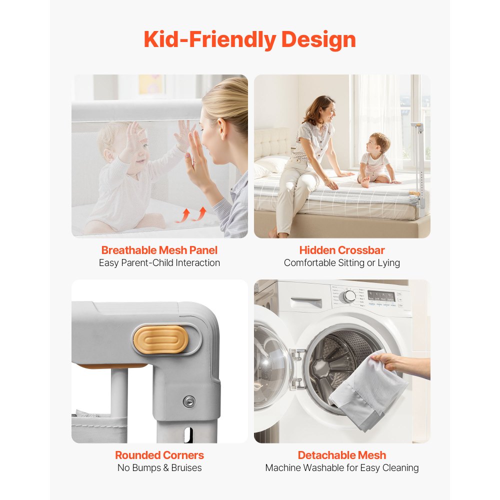 VEVOR Toddler Bed Rail, Kids Beds Guard Rail with Reinforced Iron Pipe and Oxford Cloth, Adjustable Height Bed Side Railing, Portable Guard Bumper Barrier for Crib, Bunk, 2000 x 890 mm, 1 Piece