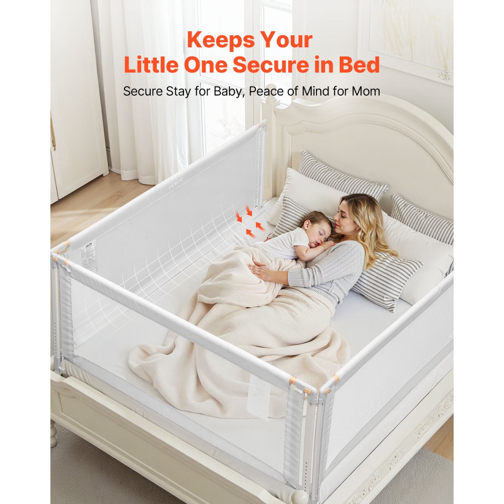 VEVOR Barandilla de Cama Infantil de 3 Lados, Tubo de Hierro Reforzado, Tela Oxford, Altura Ajustable de 68 a 89 cm, para Camas Tamaño Queen, Grosor de Colchón de 5 a 27 cm, 2000 x 620 mm, Gris
