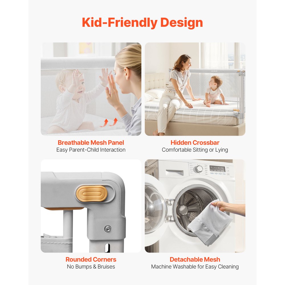 VEVOR Barandilla de Cama Infantil de 3 Lados, Tubo de Hierro Reforzado, Tela Oxford, Altura Ajustable de 68 a 89 cm, para Camas Tamaño Queen, Grosor de Colchón de 5 a 27 cm, 2000 x 620 mm, Gris