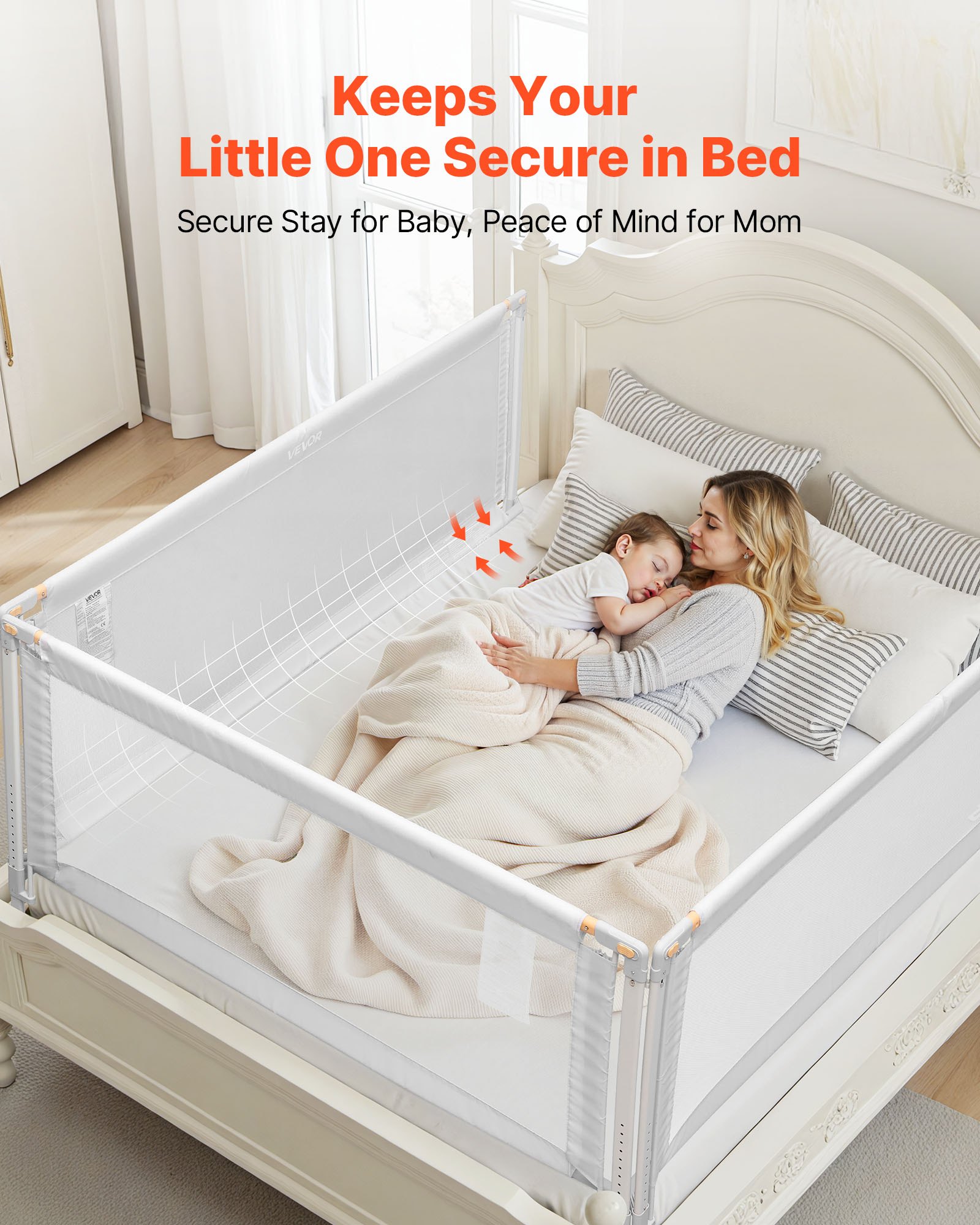 VEVOR Barandilla de Cama Infantil de 3 Lados, Tubo de Hierro Reforzado, Tela Oxford, Altura Ajustable de 68 a 89 cm, para Camas Tamaño Queen, Grosor de Colchón de 5 a 27 cm, 2000 x 620 mm, Gris