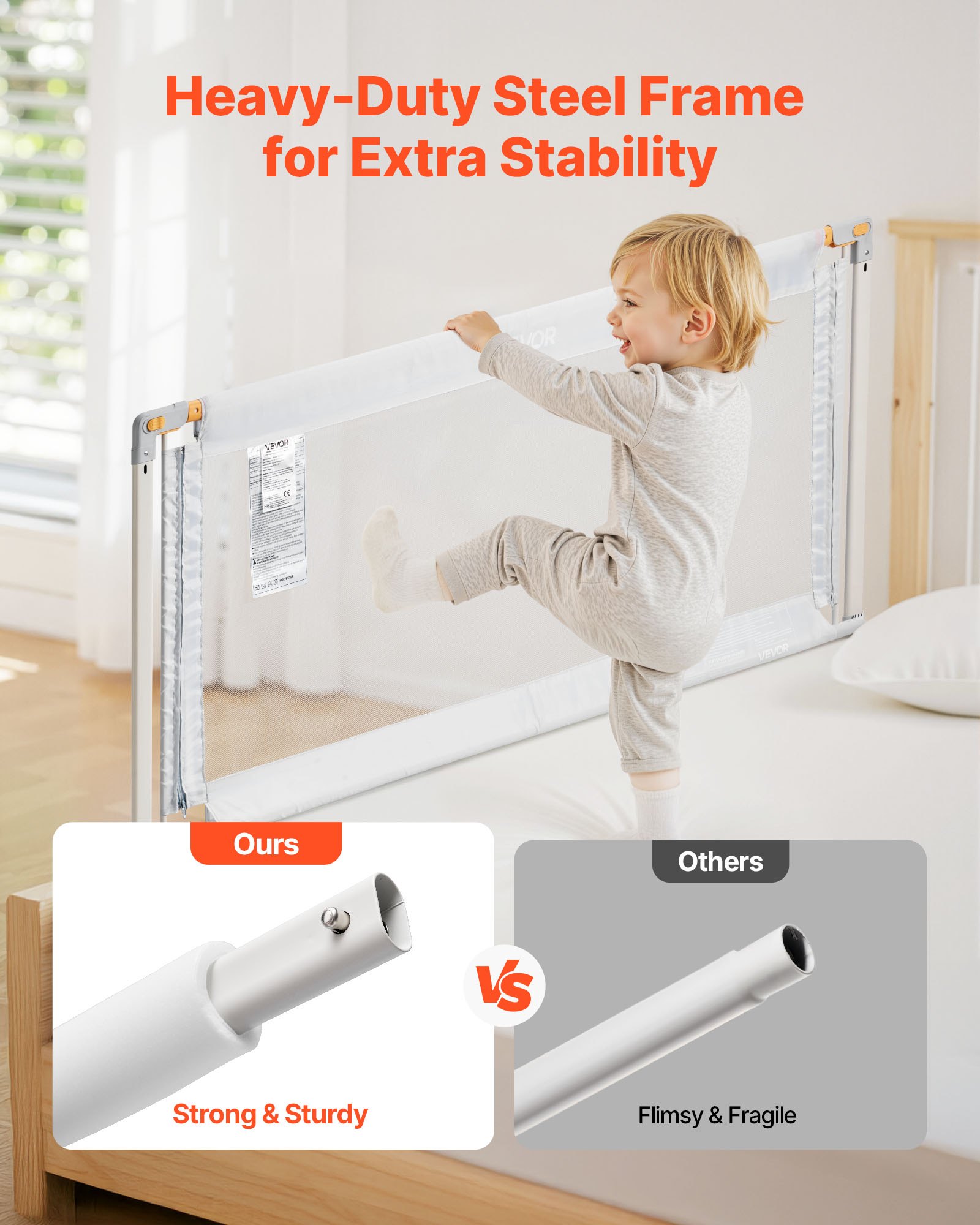 VEVOR Barandilla de Cama Infantil de 3 Lados, Tubo de Hierro Reforzado, Tela Oxford, Altura Ajustable de 68 a 89 cm, para Camas Tamaño Queen, Grosor de Colchón de 5 a 27 cm, 2000 x 620 mm, Gris