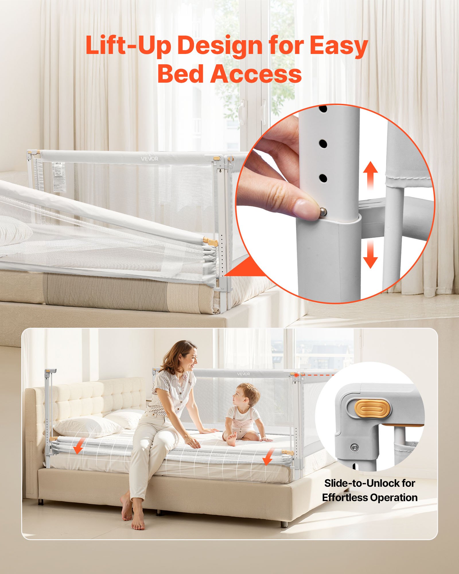 VEVOR Barandilla de Cama Infantil de 3 Lados, Tubo de Hierro Reforzado, Tela Oxford, Altura Ajustable de 68 a 89 cm, para Camas Tamaño Queen, Grosor de Colchón de 5 a 27 cm, 2000 x 620 mm, Gris