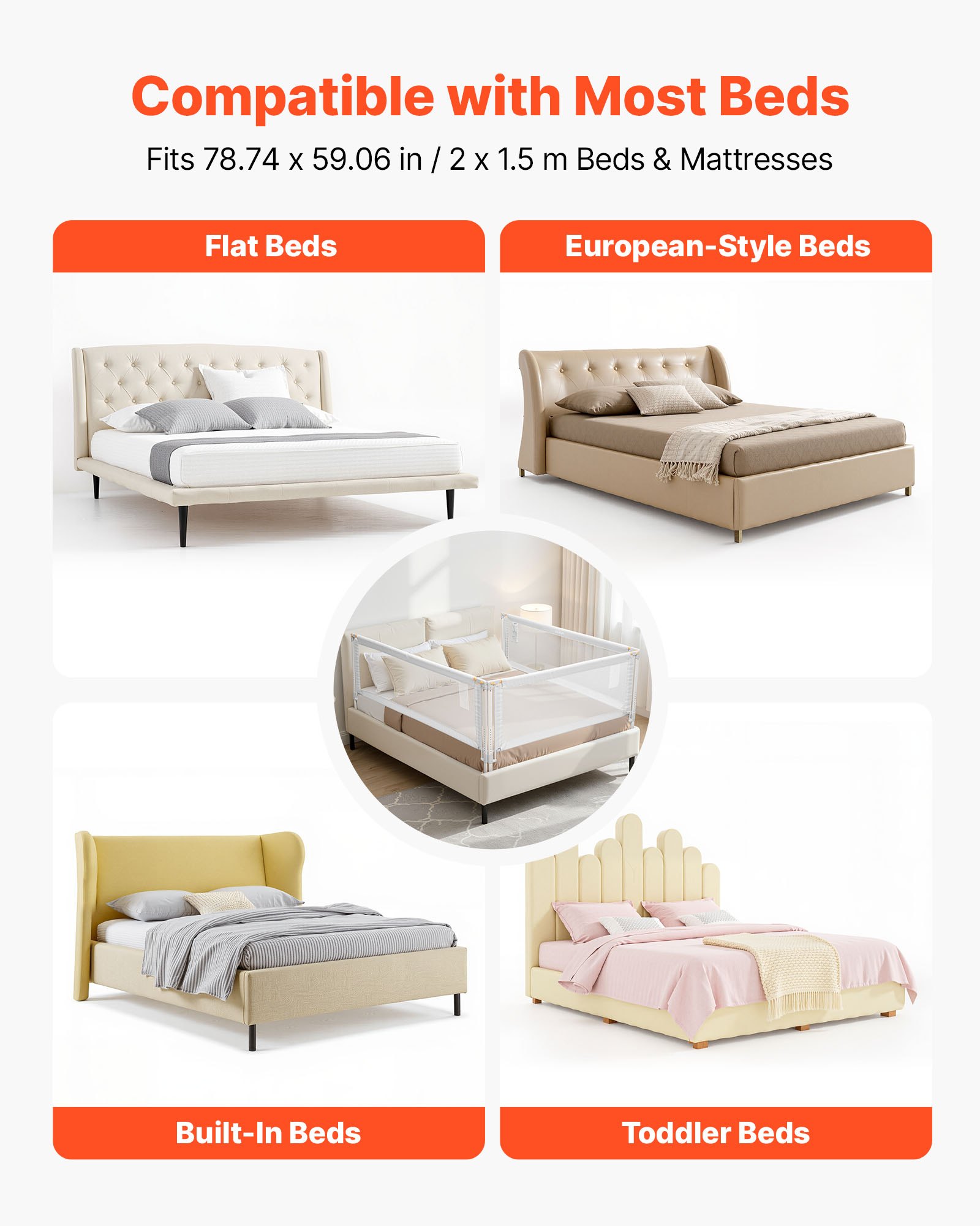 VEVOR Barandilla de Cama Infantil de 3 Lados, Tubo de Hierro Reforzado, Tela Oxford, Altura Ajustable de 68 a 89 cm, para Camas Tamaño Queen, Grosor de Colchón de 5 a 27 cm, 2000 x 620 mm, Gris