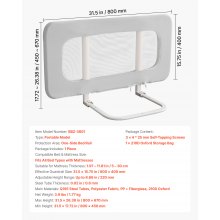 VEVOR Barandilla de Cama Infantil, con Tubo de Hierro Reforzado y Tela Oxford, Altura Ajustable de 45 a 67 cm para Colchones 5 a 30 cm de Grosor, Base en Forma de U, 800 x 670 mm, Gris, 1 ud