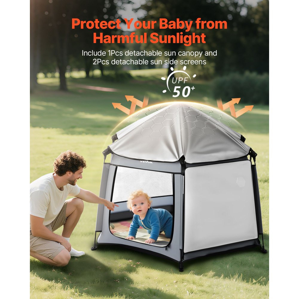 VEVOR Parque Infantil Plegable con Dosel, Interiores y Exteriores, para Bebés y Niños Pequeños con Parasoles UPF 50+ y Bolsa de Viaje para Casa, Parque, Playa, y Ligero, 1500 x 1500 x 1060 mm