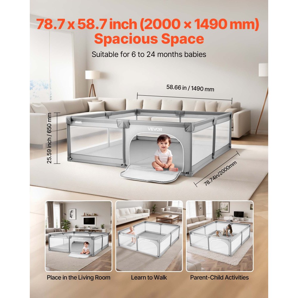 VEVOR Parque Infantil Grande para Niños Pequeños, Zona de Juegos con Valla para Interior y Exterior con 50 Pelotas de Océano, Puerta con Cremallera y Malla Transpirable, 2060 x 1545 x 650 mm