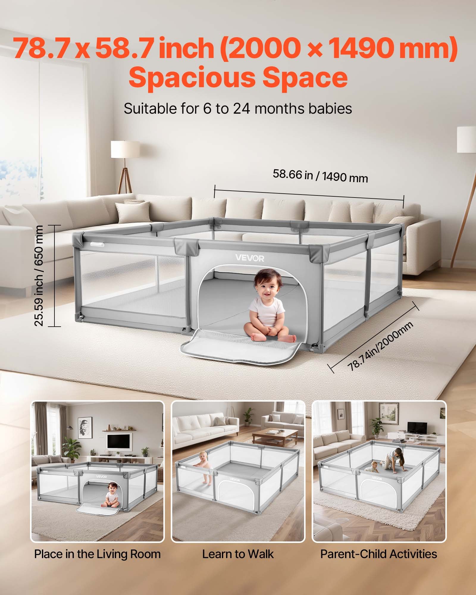 VEVOR Parque Infantil Grande para Niños Pequeños, Zona de Juegos con Valla para Interior y Exterior con 50 Pelotas de Océano, Puerta con Cremallera y Malla Transpirable, 2060 x 1545 x 650 mm