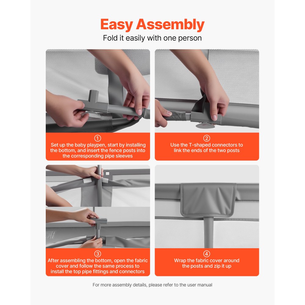 VEVOR Parque Infantil, Ideal para Niños Pequeños, para Interior y Exterior, con 50 Pelotas de Océano, Puerta con Cremallera y Malla Transpirable, Forma Rectangular, Gris, 2060 x 1840 x 650 mm