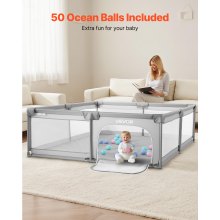 VEVOR Parque Infantil, Ideal para Niños Pequeños, para Interior y Exterior, con 50 Pelotas de Océano, Puerta con Cremallera y Malla Transpirable, Forma Rectangular, Gris, 2060 x 1840 x 650 mm