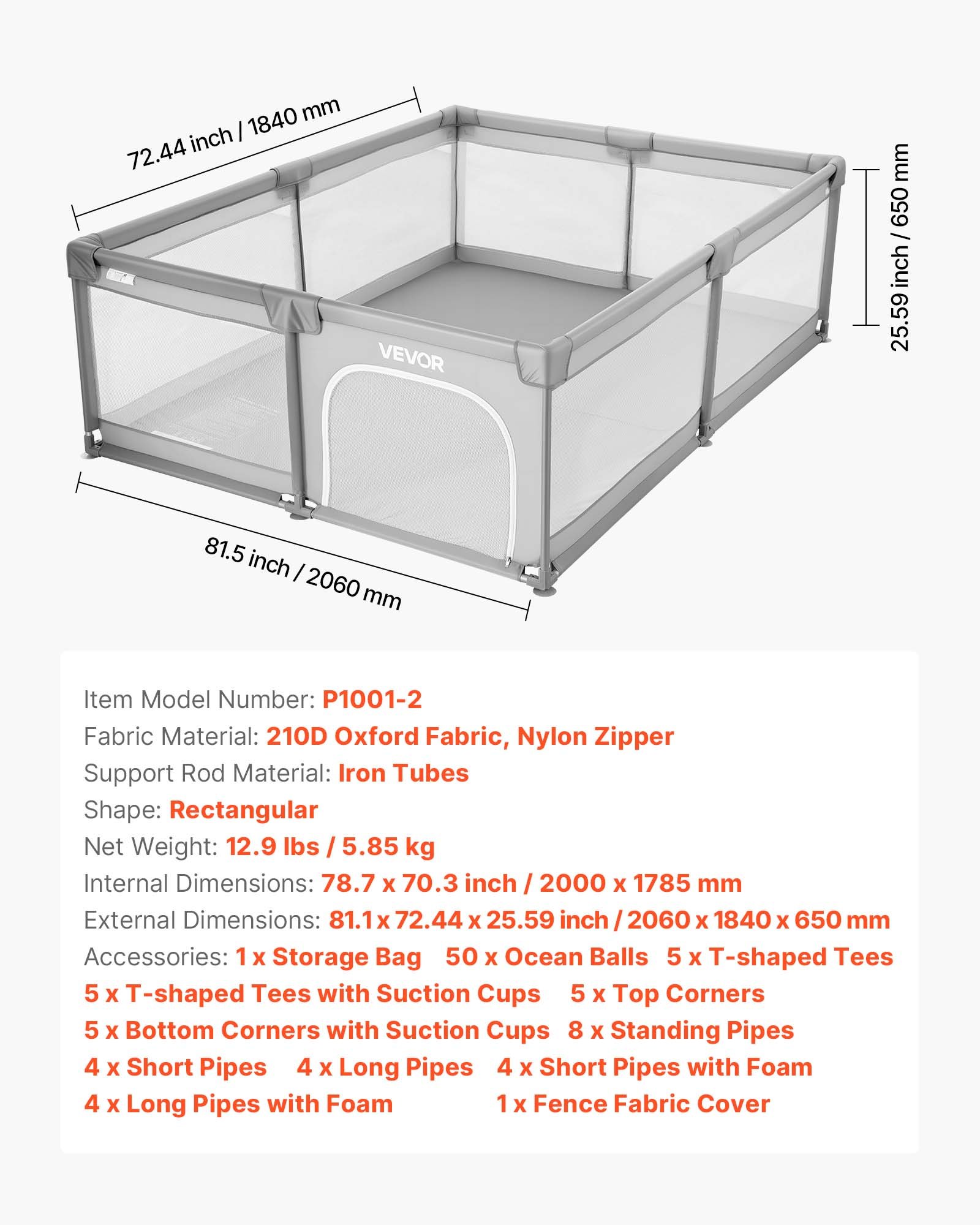 VEVOR Parque Infantil, Ideal para Niños Pequeños, para Interior y Exterior, con 50 Pelotas de Océano, Puerta con Cremallera y Malla Transpirable, Forma Rectangular, Gris, 2060 x 1840 x 650 mm