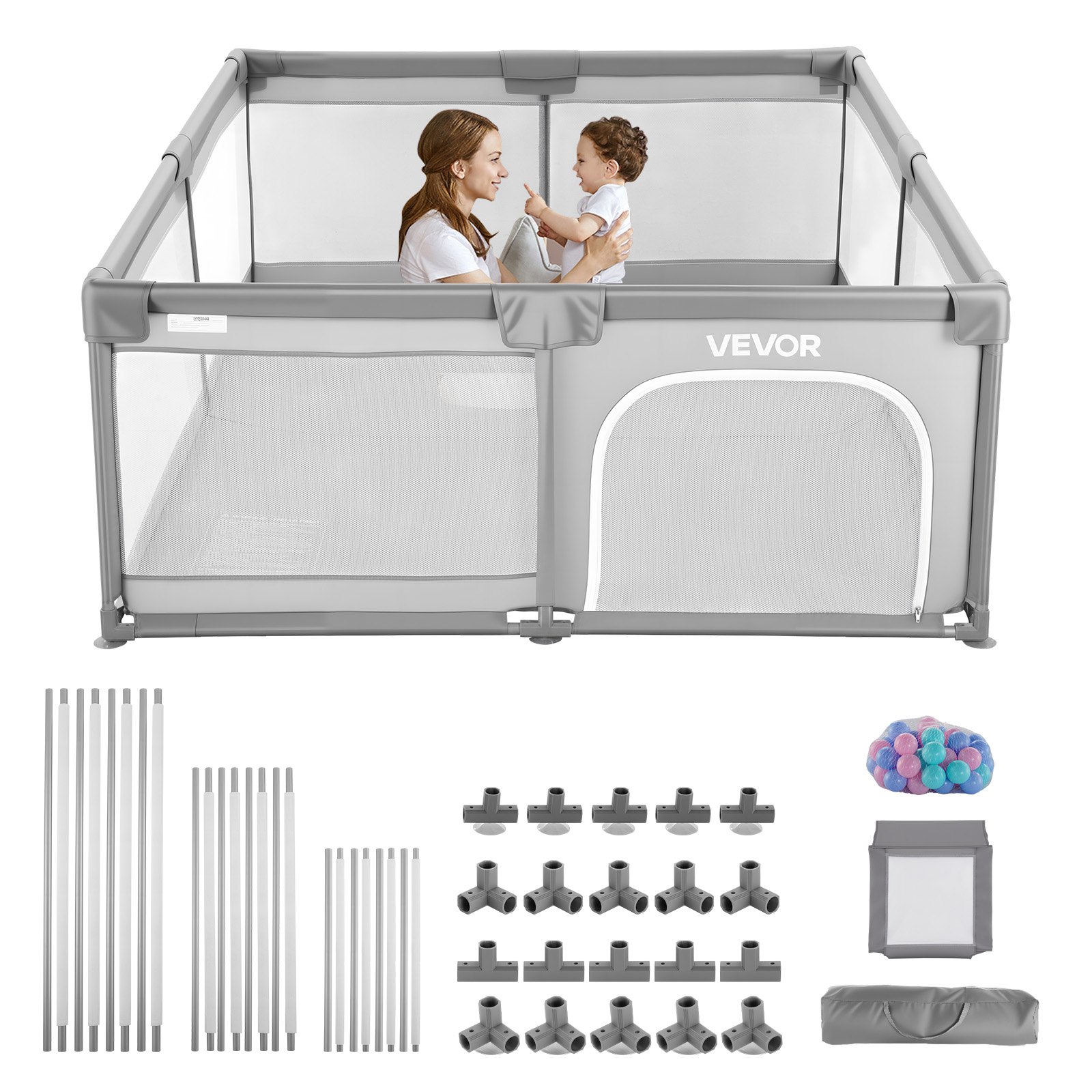 VEVOR Parque Infantil, Ideal para Niños Pequeños, para Interior y Exterior, con 50 Pelotas de Océano, Puerta con Cremallera y Malla Transpirable, Forma Rectangular, Gris, 2060 x 1840 x 650 mm