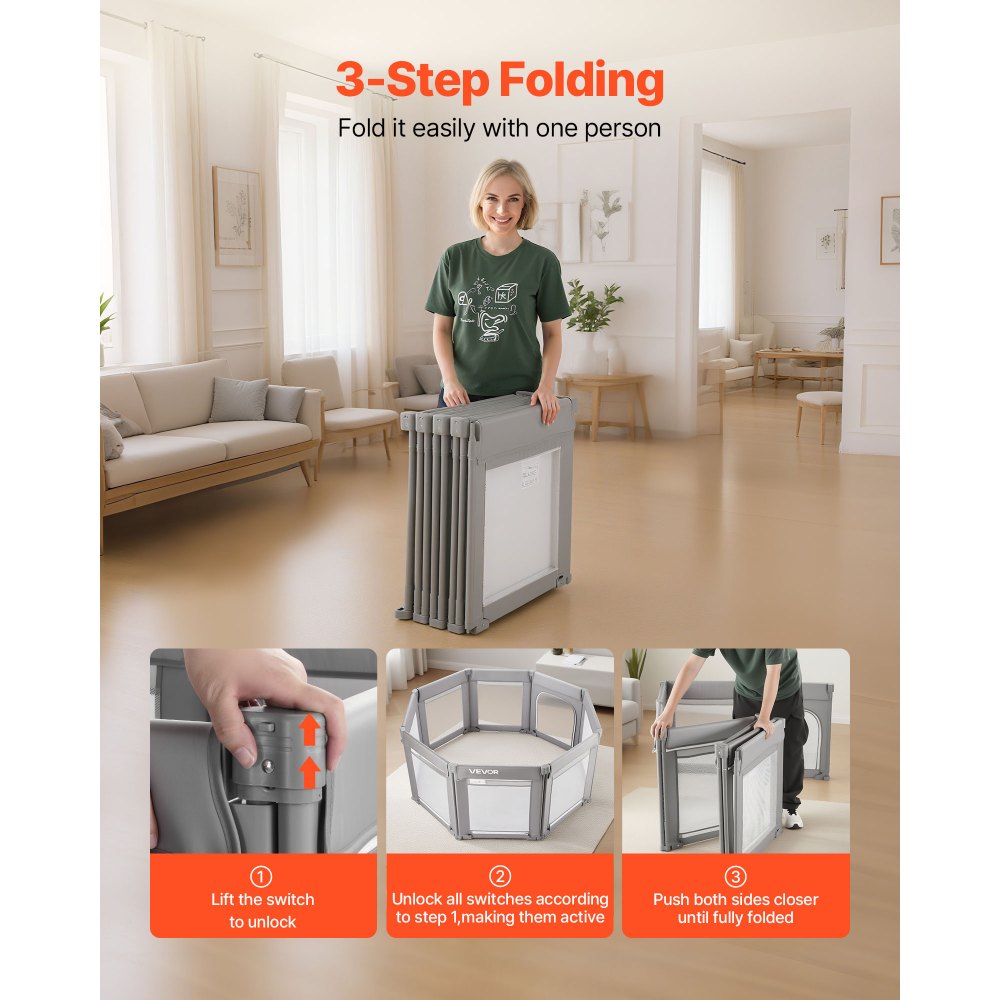 VEVOR Parque Infantil Plegable, con Puerta con Cremallera y Malla Transpirable Suave, Centro de Actividades Seguro para Uso en Interiores y Exteriores, Forma Amorfo, Gris, 2070 x 1850 x 695 mm