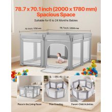VEVOR Parque Infantil Plegable, con Puerta con Cremallera y Malla Transpirable Suave, Centro de Actividades Seguro para Uso en Interiores y Exteriores, Forma Amorfo, Gris, 2070 x 1850 x 695 mm