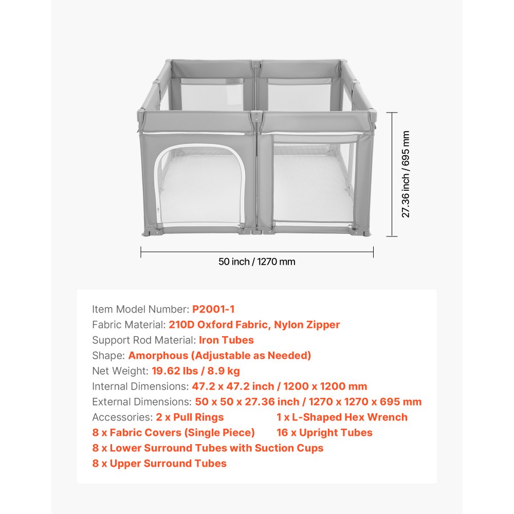 VEVOR Parque Infantil Plegable, con Puerta con Cremallera y Malla Transpirable Suave, Centro de Actividades sin Huecos para Niños 6 a 24 Meses, para Dormitorios, Exteriores, 1270 x 1270 x 695 mm