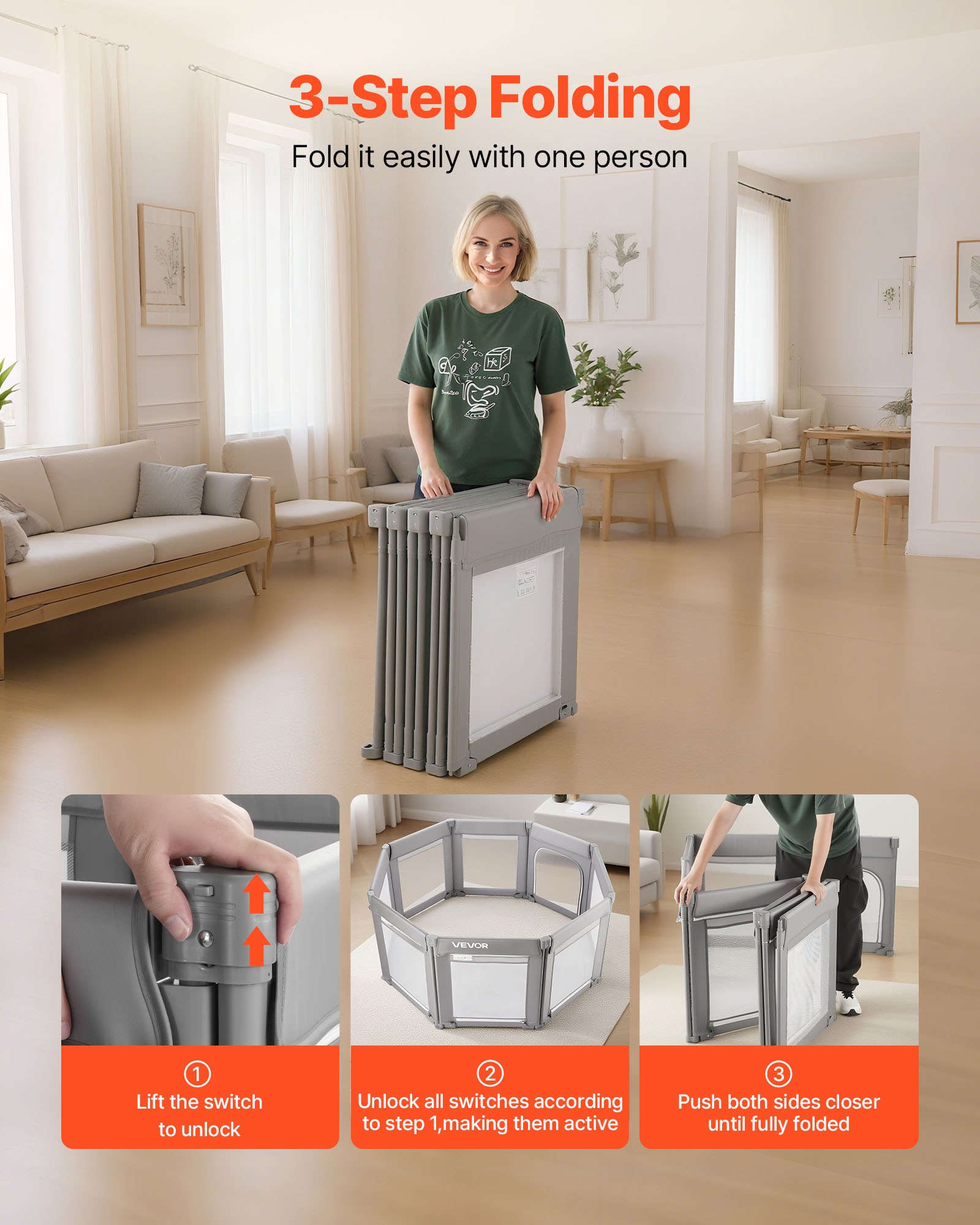 VEVOR Parque Infantil Plegable, con Puerta con Cremallera y Malla Transpirable Suave, Centro de Actividades sin Huecos para Niños 6 a 24 Meses, para Dormitorios, Exteriores, 1270 x 1270 x 695 mm