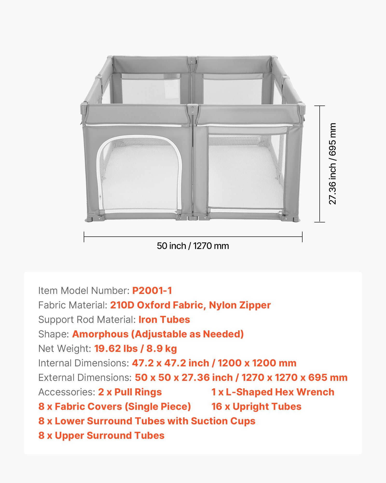 VEVOR Parque Infantil Plegable, con Puerta con Cremallera y Malla Transpirable Suave, Centro de Actividades sin Huecos para Niños 6 a 24 Meses, para Dormitorios, Exteriores, 1270 x 1270 x 695 mm