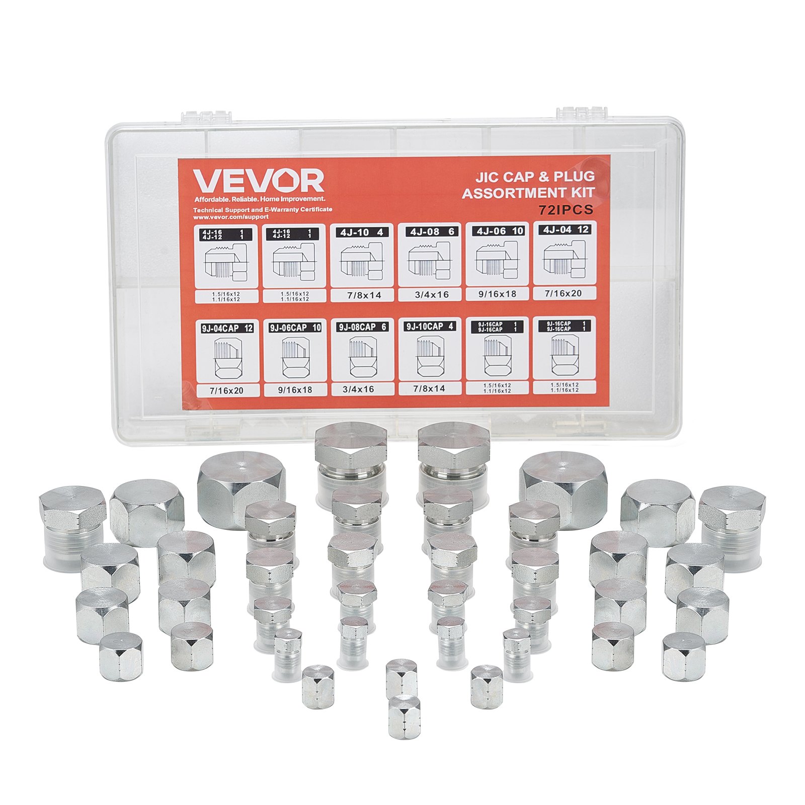 VEVOR JIC Accesorios Hidráulicos, Tapa y Tapón Hidráulico Industrial de Alta Resistencia, para Mangueras, Tubos, Rosca de Precisión en Tamaños Guión 37° 4 6 8 10 12 16, 290 x 170 x 60 mm, 72 uds