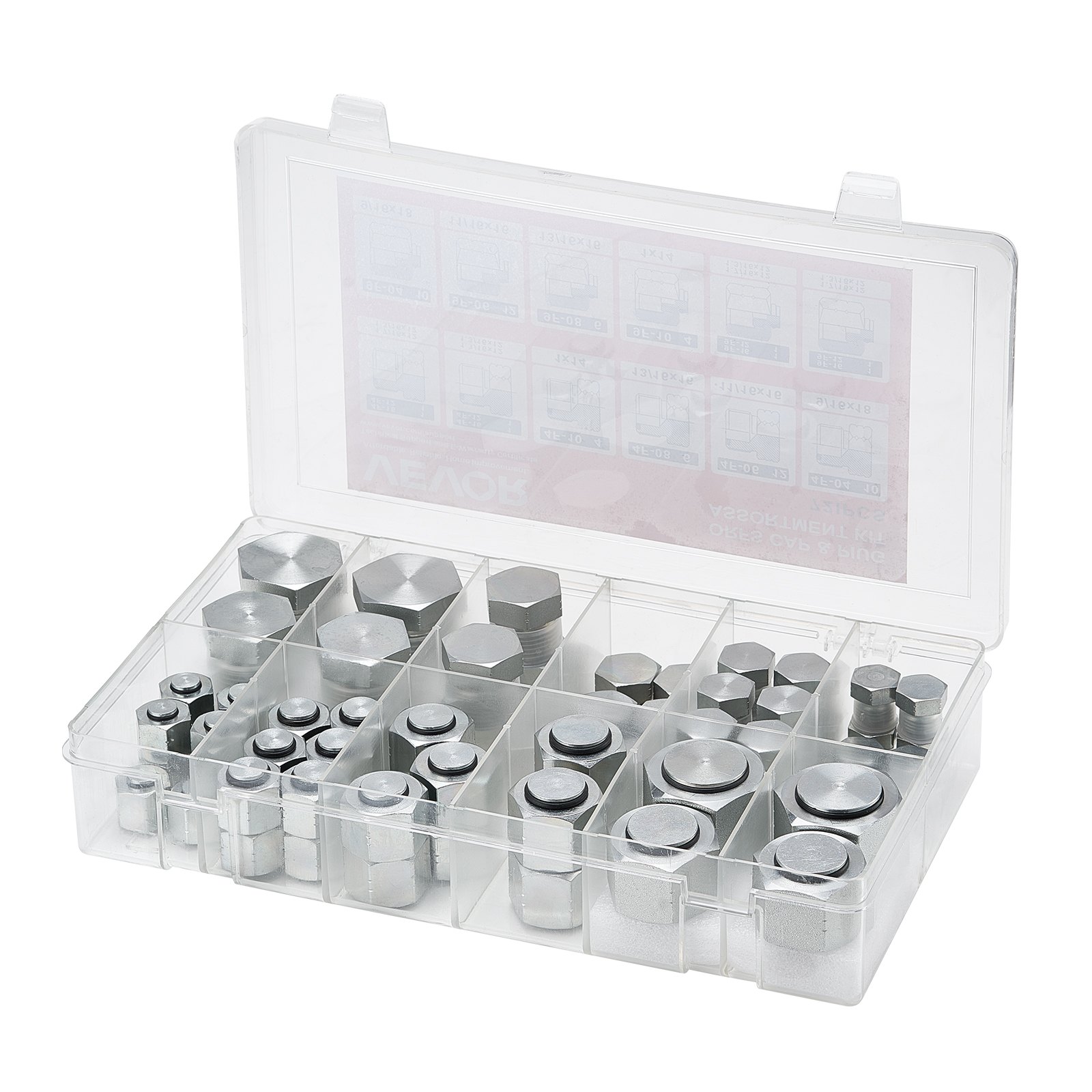 VEVOR 72-piece ORFS hydraulic fittings, O-ring mechanical seal fitting kit, hydraulic hose & pipe fittings, cap & plug set with precision thread, sizes 4, 6, 8, 10, 12, 16