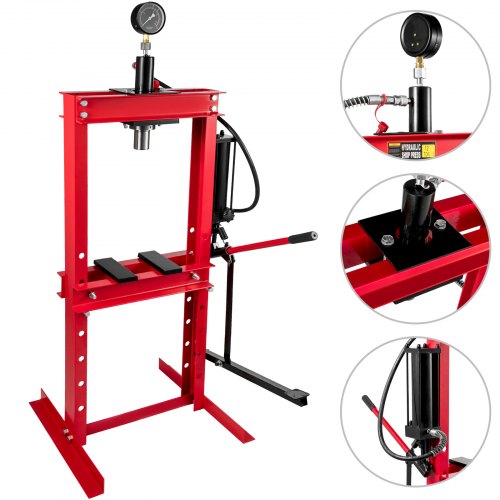 VEVOR Taller Prensa Hidraulica 12T, Prensa Hidraulica Taller 12T, Prensa Taller, Prensa Hidráulica de Taller, Fuerza de Presión, con Acero de Alta Resistencia Rojo, con Bomba de Pedal