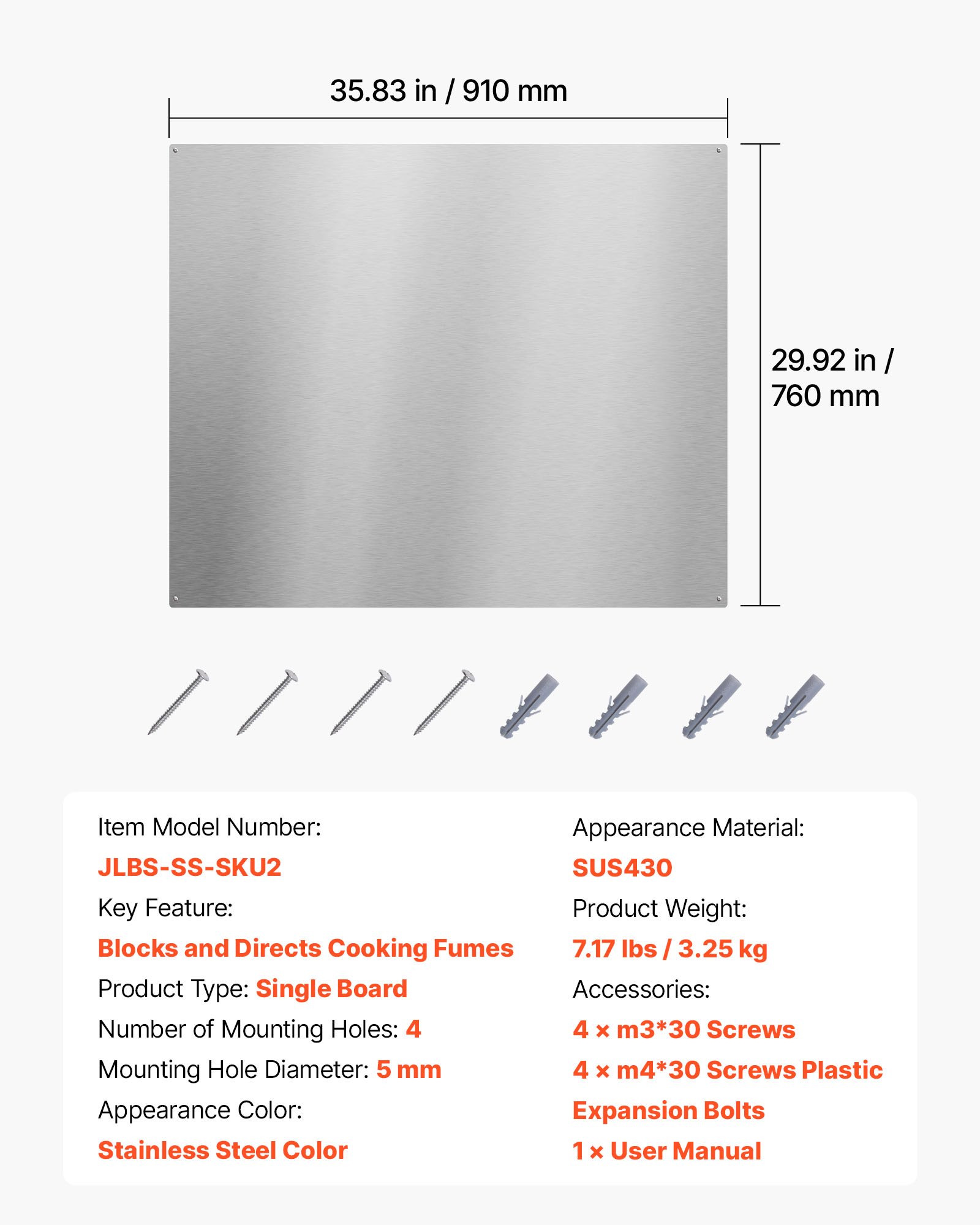 VEVOR Protector contra Salpicaduras 910 x 760 x 0,7 mm, Panel Antisalpicaduras de Acero Inoxidable, Panel Metálico de Pared para Campana Extractora, Orificios Pretaladrados, para Estufa, Cocina
