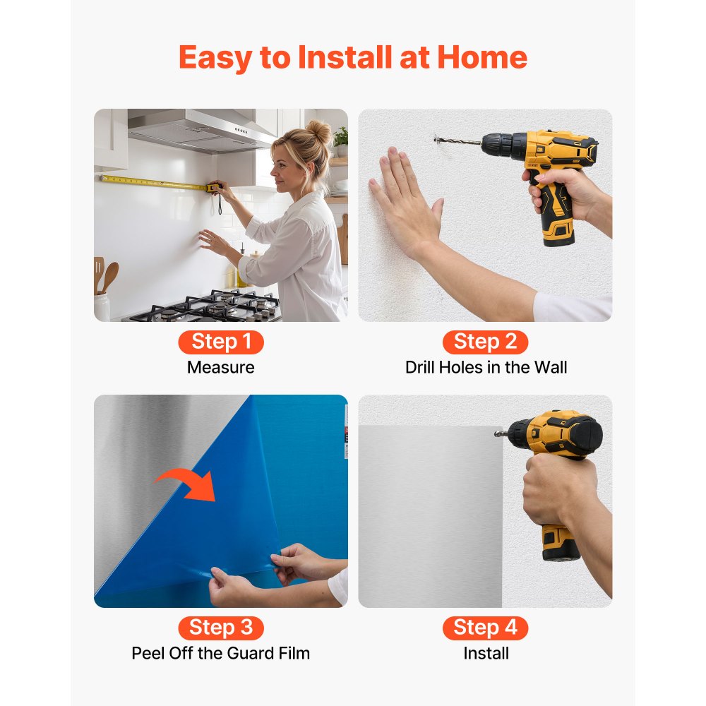 VEVOR Protector contra Salpicaduras 760 x 610 x 0,7 mm, Panel Antisalpicaduras de Acero Inoxidable, Panel Metálico de Pared para Campana Extractora, Orificios Pretaladrados, para Estufa, Cocina