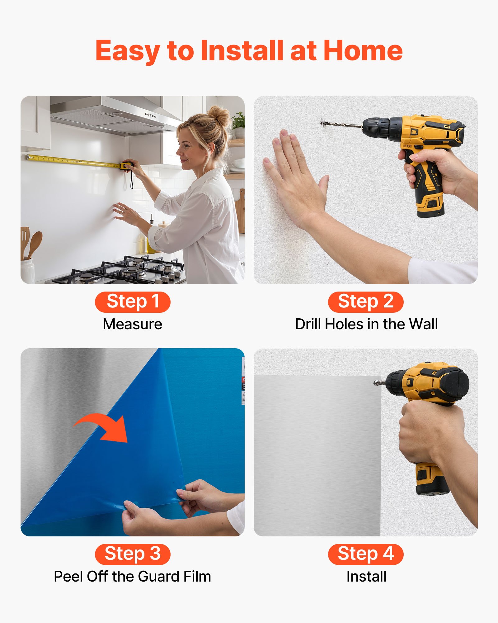 VEVOR Protector contra Salpicaduras 760 x 610 x 0,7 mm, Panel Antisalpicaduras de Acero Inoxidable, Panel Metálico de Pared para Campana Extractora, Orificios Pretaladrados, para Estufa, Cocina