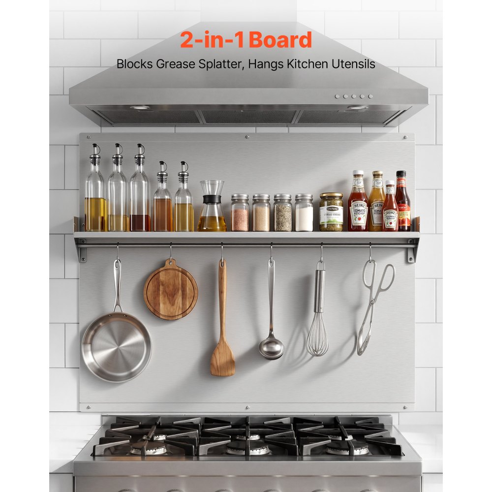 VEVOR Protector contra Salpicaduras 910 x 760 mm, Panel Antisalpicaduras de Acero Inoxidable, con Estante de Almacenamiento y Soporte para Colgar, Orificios Pretaladrados, para Campana Extractora