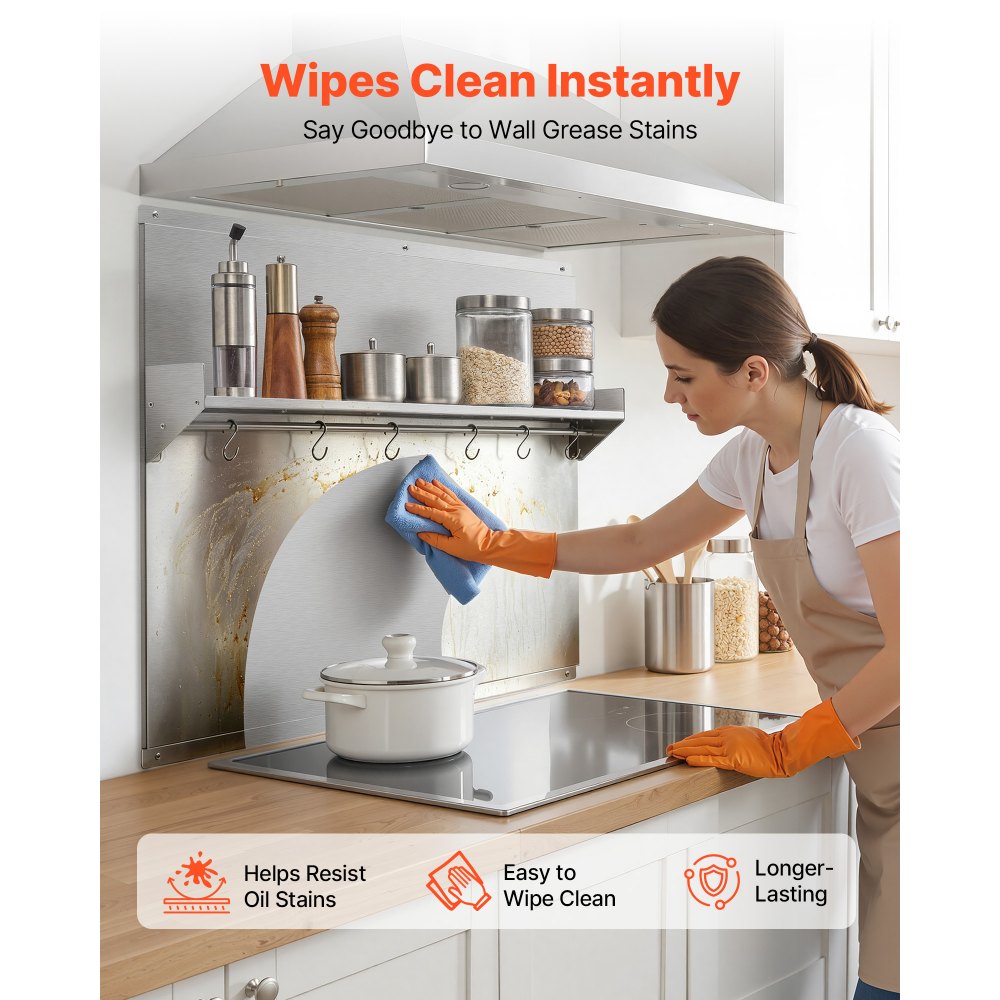 VEVOR Protector contra Salpicaduras 910 x 760 mm, Panel Antisalpicaduras de Acero Inoxidable, con Estante de Almacenamiento y Soporte para Colgar, Orificios Pretaladrados, para Campana Extractora