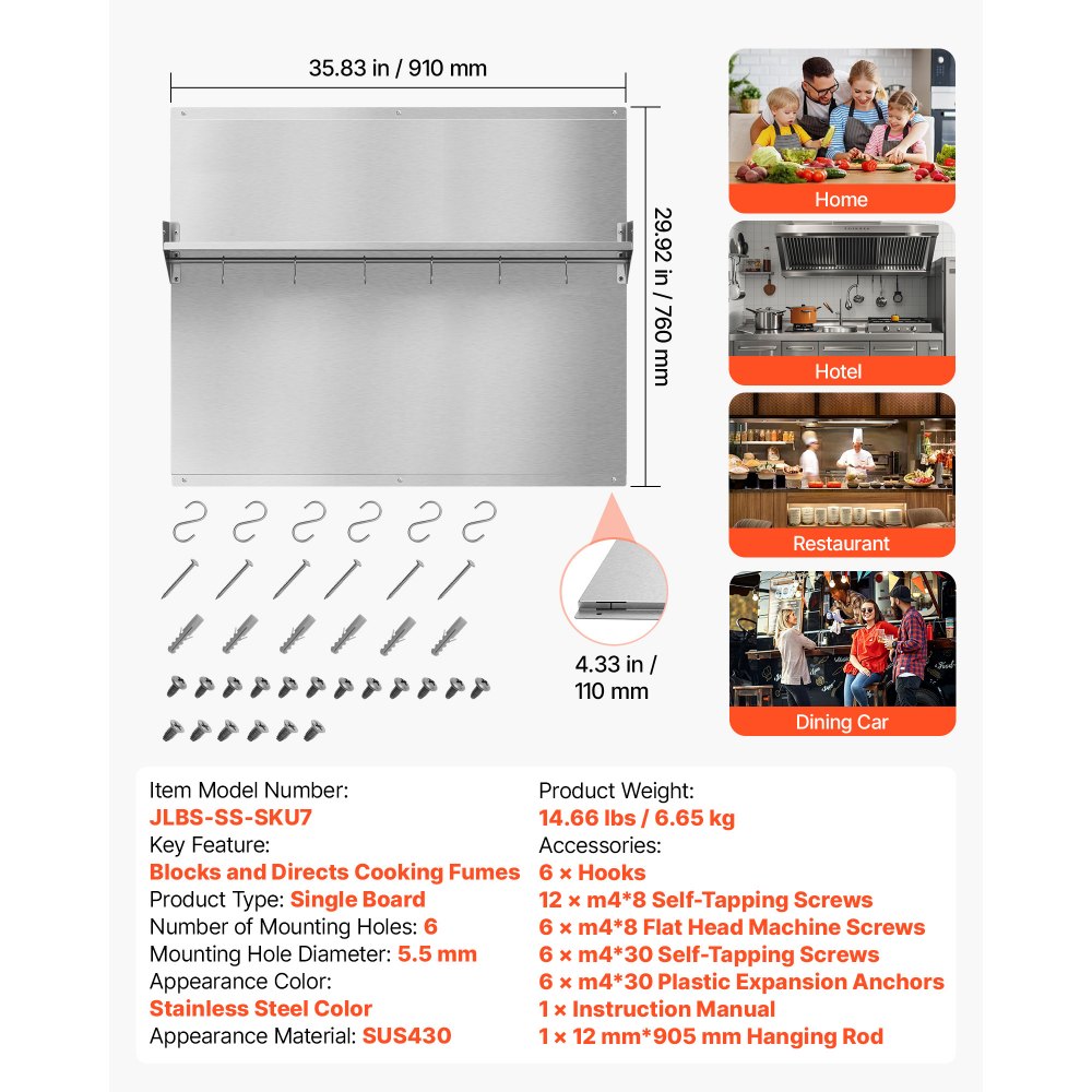 VEVOR Protector contra Salpicaduras 910 x 760 mm, Panel Antisalpicaduras de Acero Inoxidable, con Estante de Almacenamiento y Soporte para Colgar, Orificios Pretaladrados, para Campana Extractora