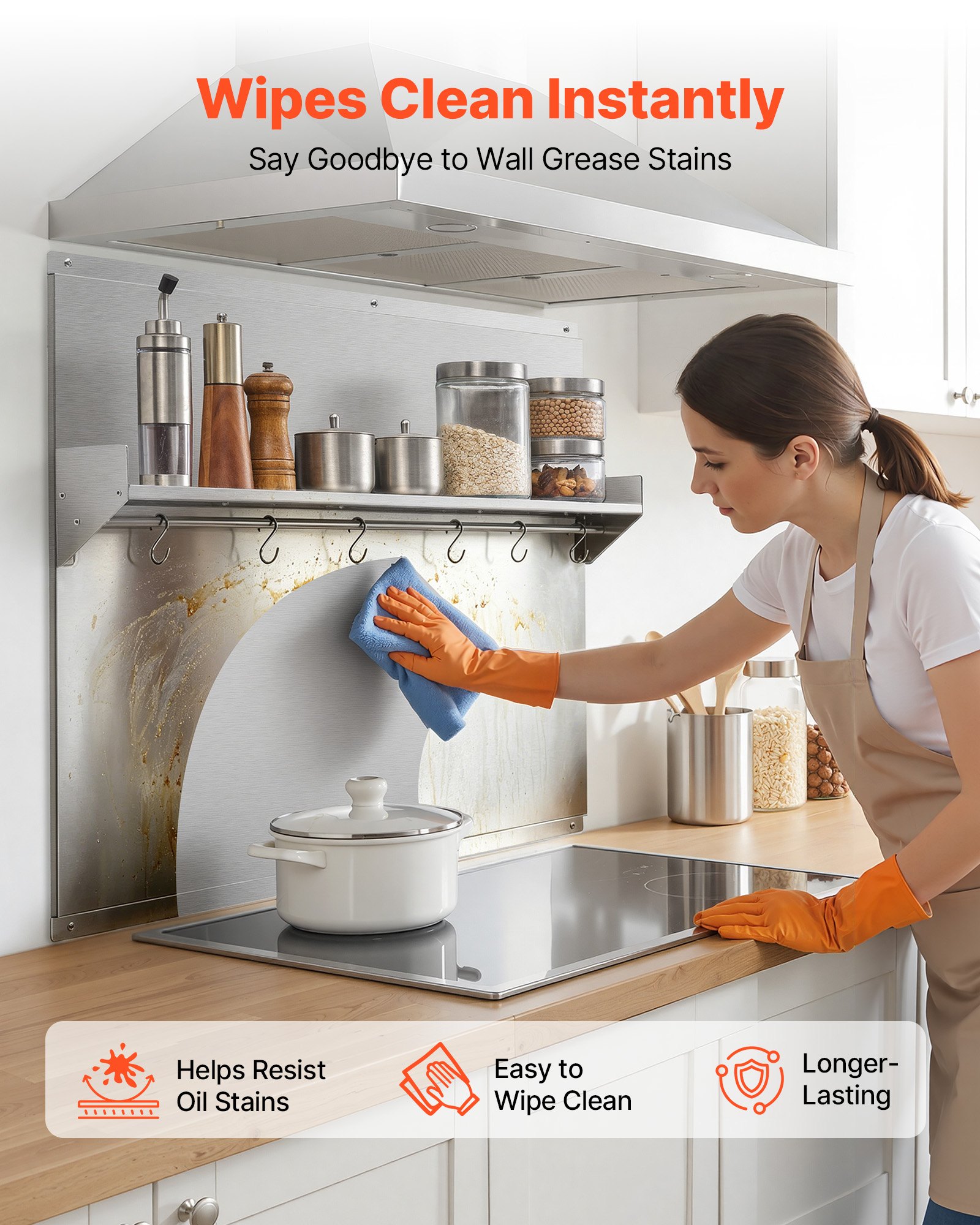 VEVOR Protector contra Salpicaduras 910 x 760 mm, Panel Antisalpicaduras de Acero Inoxidable, con Estante de Almacenamiento y Soporte para Colgar, Orificios Pretaladrados, para Campana Extractora