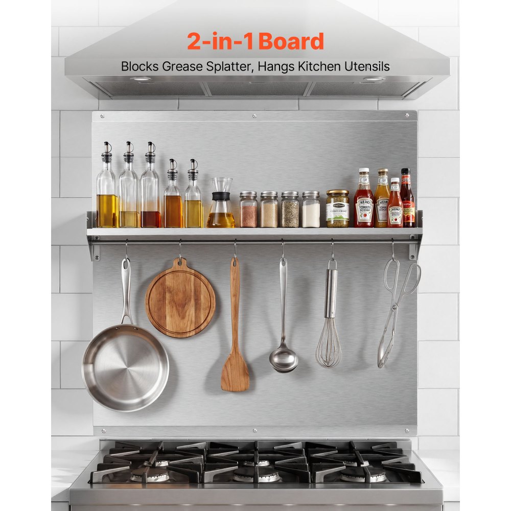 VEVOR Protector contra Salpicaduras 760 x 760 mm, Panel Antisalpicaduras de Acero Inoxidable, con Estante de Almacenamiento y Soporte para Colgar, Orificios Pretaladrados, para Campana Extractora