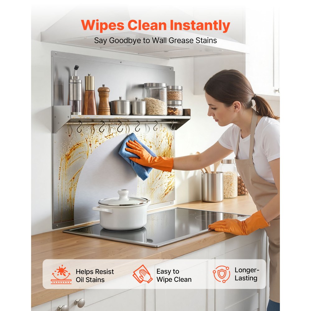 VEVOR Protector contra Salpicaduras 760 x 760 mm, Panel Antisalpicaduras de Acero Inoxidable, con Estante de Almacenamiento y Soporte para Colgar, Orificios Pretaladrados, para Campana Extractora