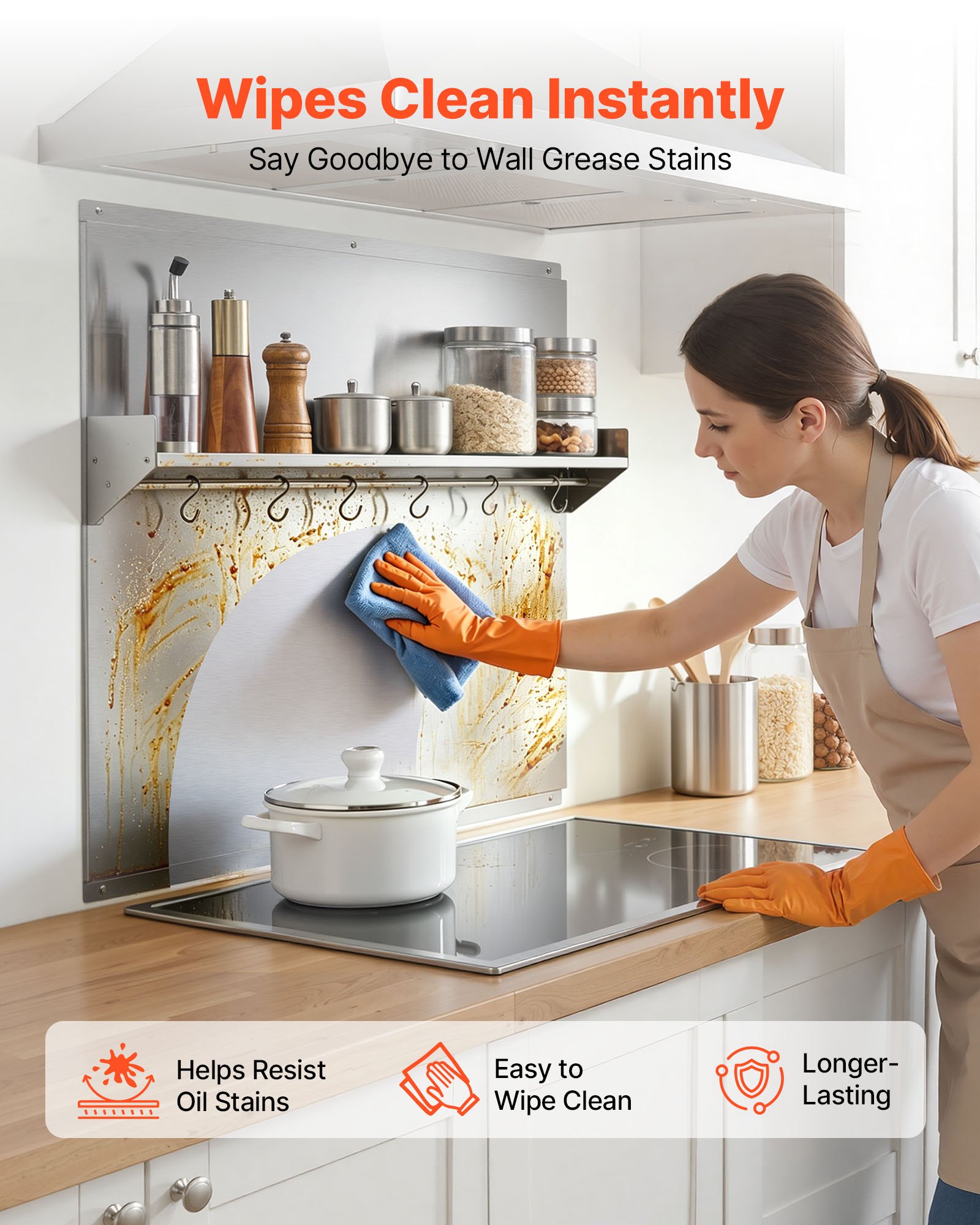 VEVOR Protector contra Salpicaduras 760 x 760 mm, Panel Antisalpicaduras de Acero Inoxidable, con Estante de Almacenamiento y Soporte para Colgar, Orificios Pretaladrados, para Campana Extractora