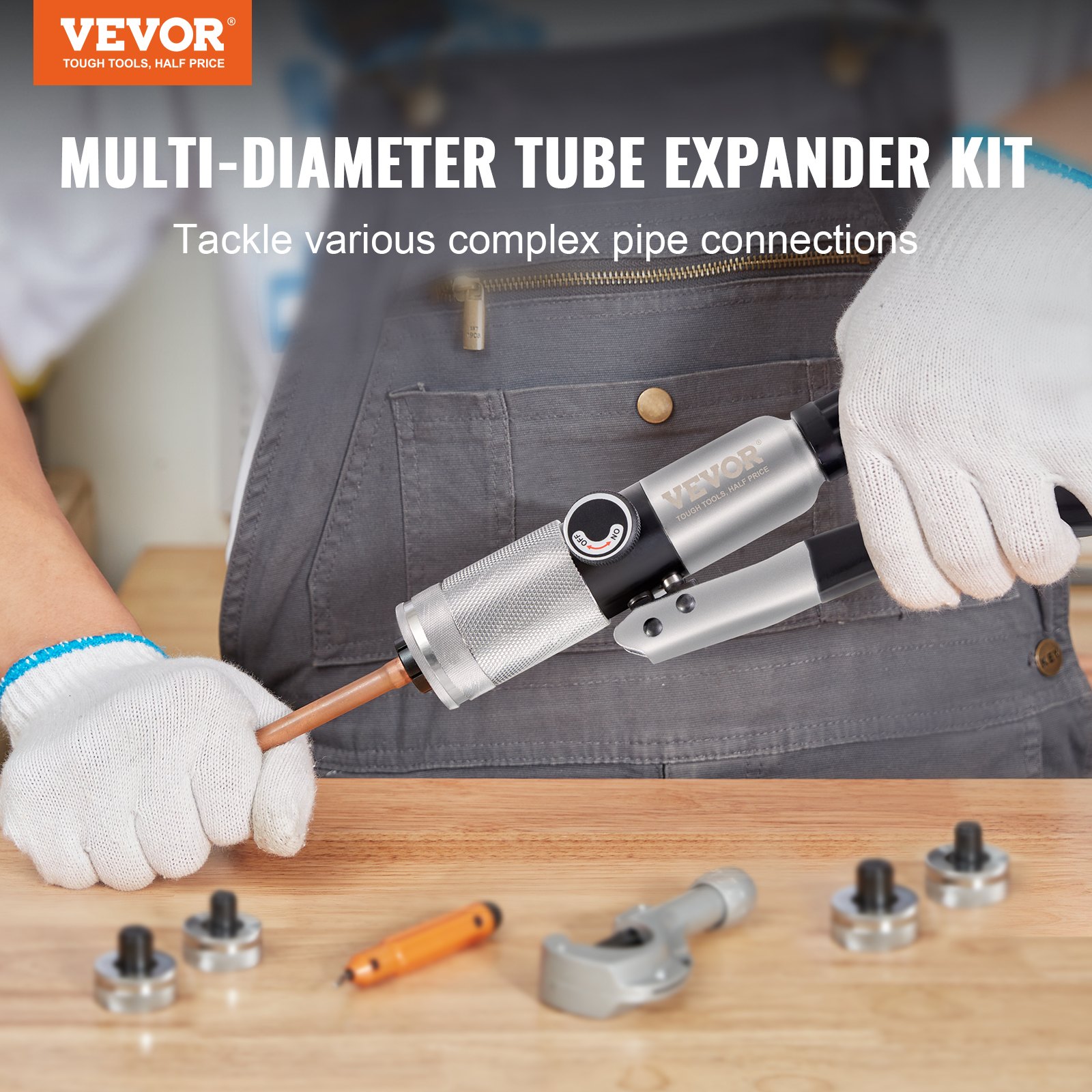 VEVOR Expansor Hidráulico de Tubos HAVC de 3/8" a 1-1/8" Kit de Estirador de Tuberías con 7 Cabezales de Expansión Herramienta Desbarbadora Cortatubos para Tubos de Cobre Aluminio Latón Acero Blando