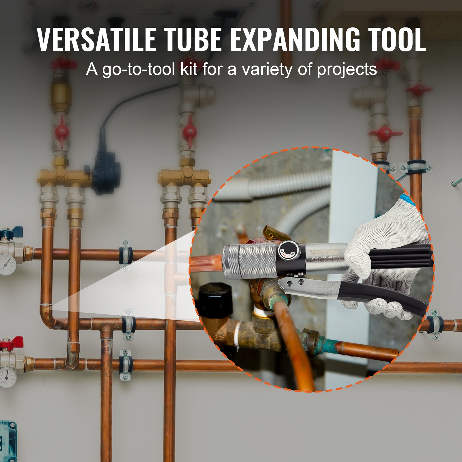 VEVOR Expansor Hidráulico de Tubos HAVC de 3/8" a 1-1/8" Kit de Estirador de Tuberías con 7 Cabezales de Expansión Herramienta Desbarbadora Cortatubos para Tubos de Cobre Aluminio Latón Acero Blando