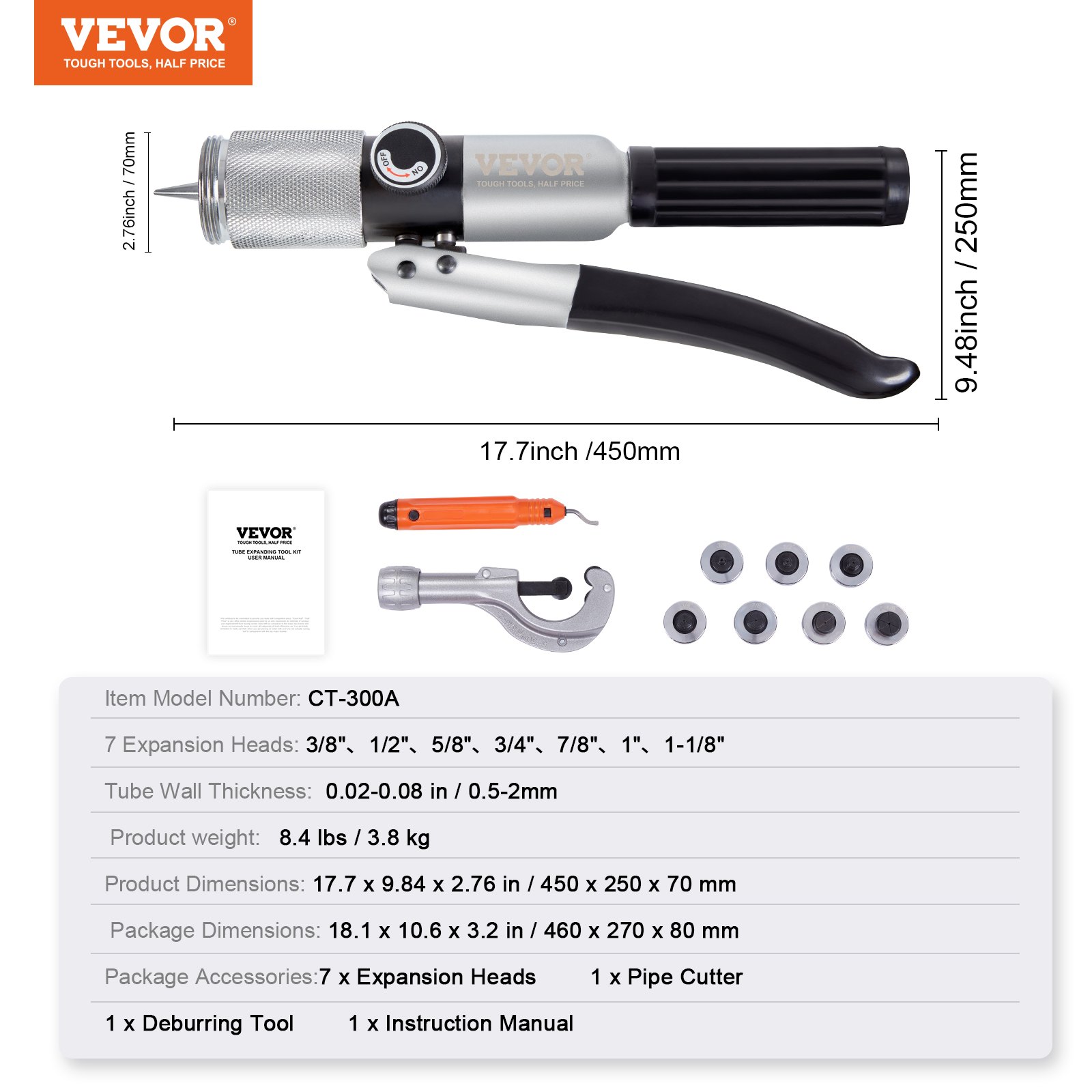 VEVOR Expansor Hidráulico de Tubos HAVC de 3/8" a 1-1/8" Kit de Estirador de Tuberías con 7 Cabezales de Expansión Herramienta Desbarbadora Cortatubos para Tubos de Cobre Aluminio Latón Acero Blando