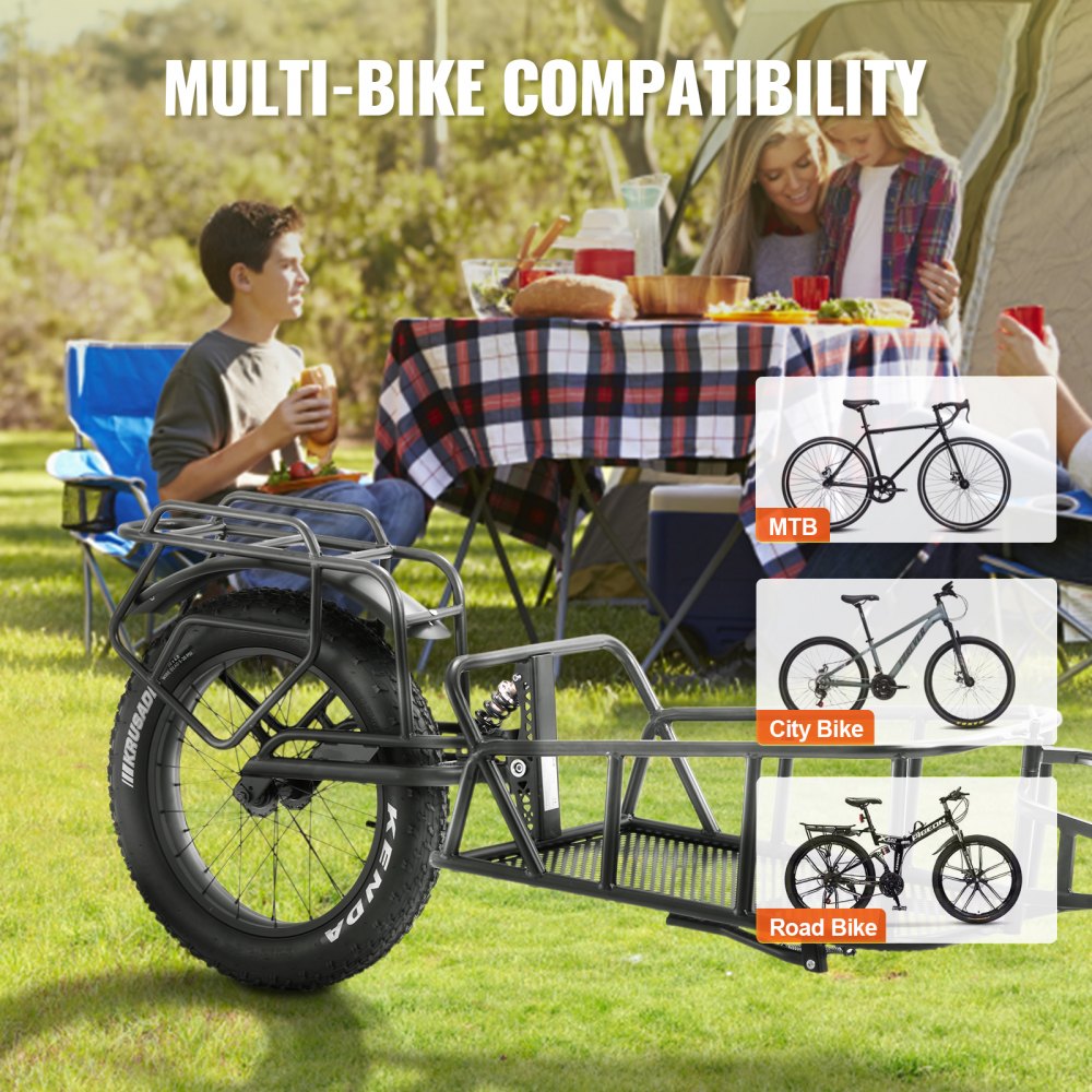 VEVOR bicycle trailer, 32 kg load capacity, quick-release design with universal coupling, 50.8 cm wheels, fits most bicycle wheels, carbon steel frame