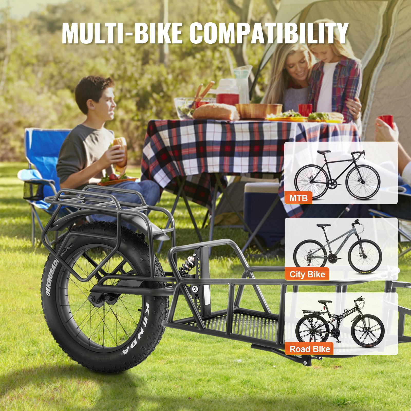VEVOR bicycle trailer, 32 kg load capacity, quick-release design with universal coupling, 50.8 cm wheels, fits most bicycle wheels, carbon steel frame