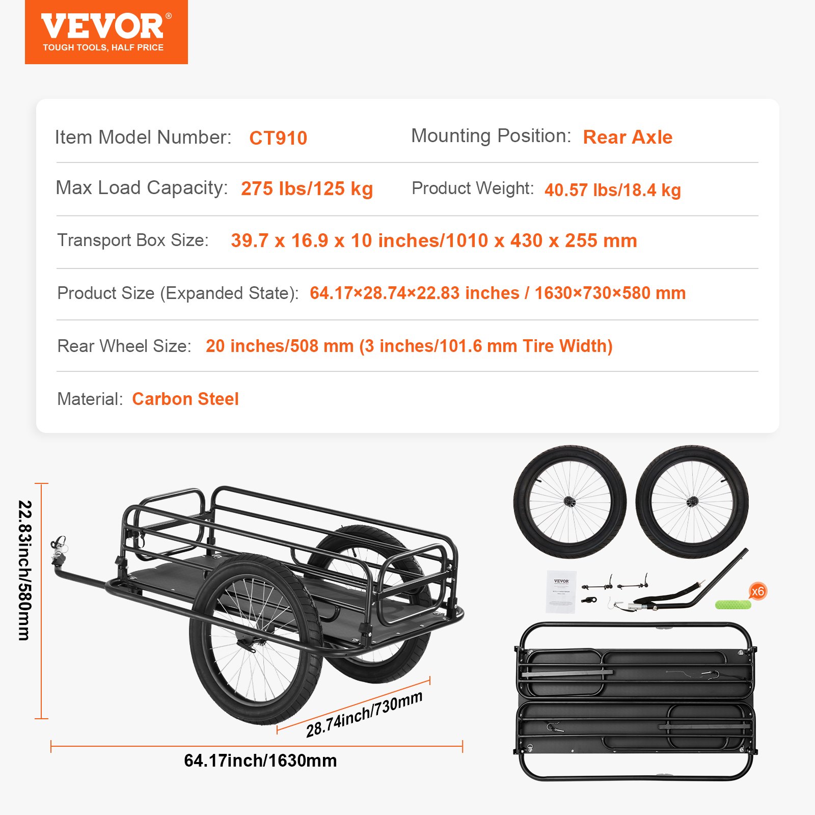 VEVOR Remolque para Bicicleta Carga de 125 kg Carro para Bicicleta Almacenamiento Compacto Plegable Liberación Rápida Ruedas de 508 mm Se Adapta a Mayoría de Ruedas de Bicicleta de Acero al Carbono