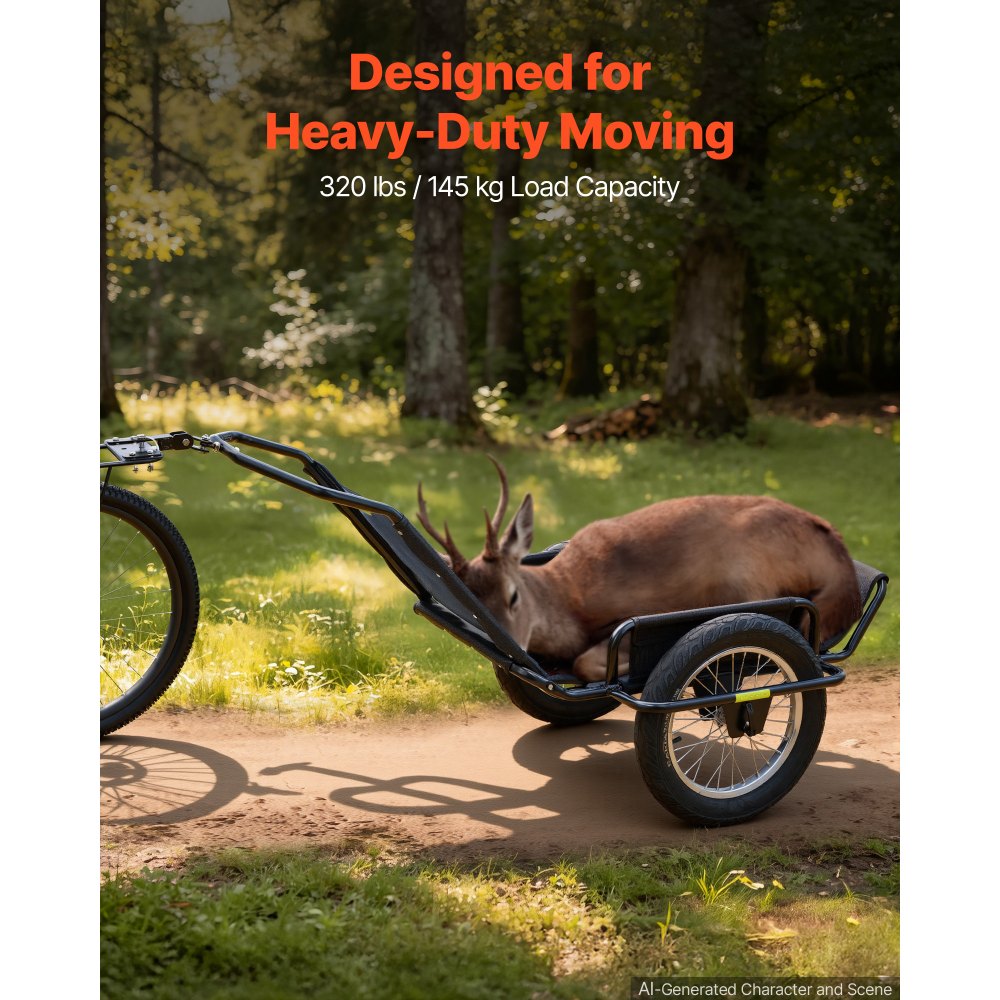 VEVOR Remolque para Bicicleta 145 kg con Ruedas Anchas de 40,6 x 7,6 cm, con Plataforma de 116,1 x 47 x 14 cm, Malla PVC, Reflectores y Protector de Acero para Caza, Camping y Transporte Agrícola