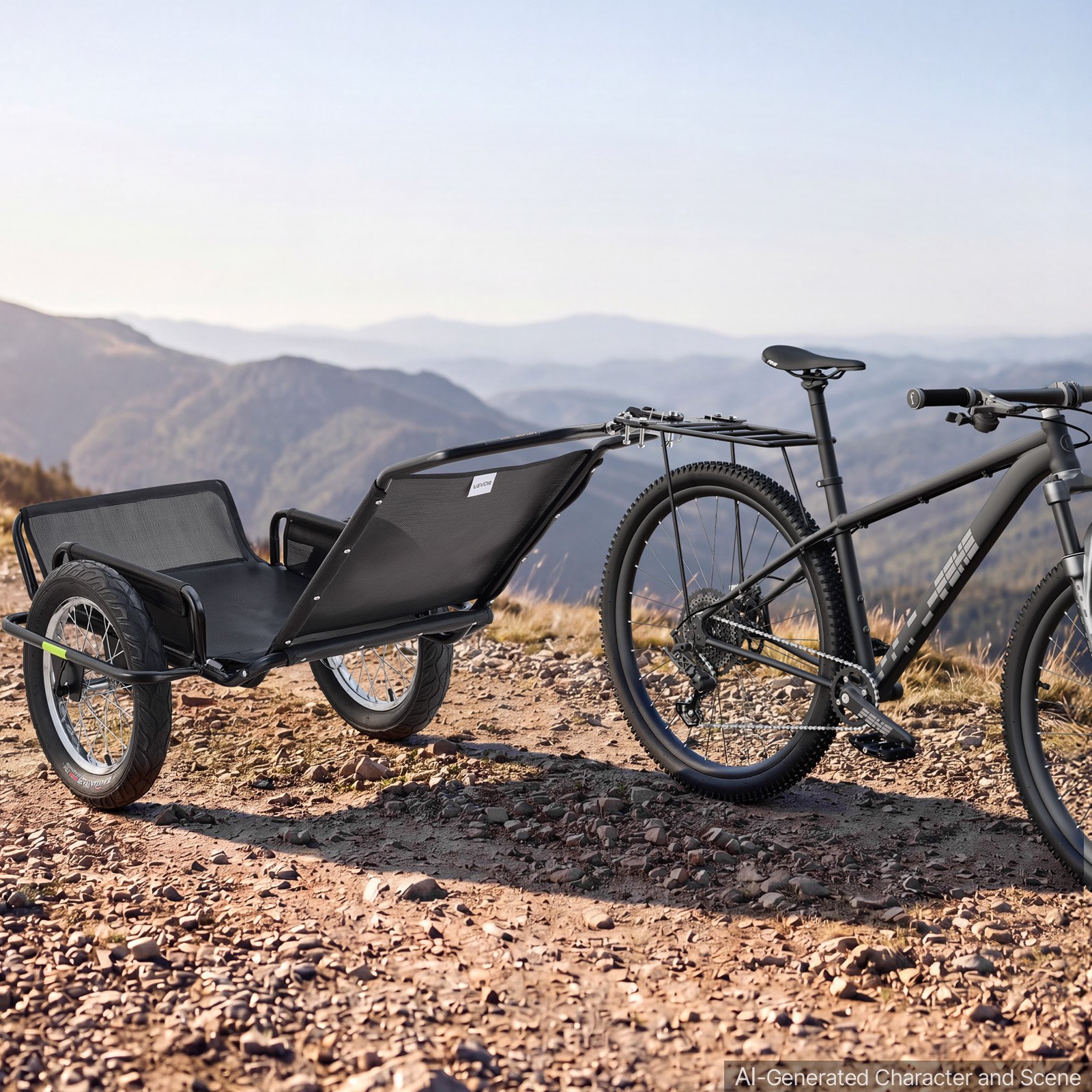 VEVOR Remolque para Bicicleta 145 kg con Ruedas Anchas de 40,6 x 7,6 cm, con Plataforma de 116,1 x 47 x 14 cm, Malla PVC, Reflectores y Protector de Acero para Caza, Camping y Transporte Agrícola