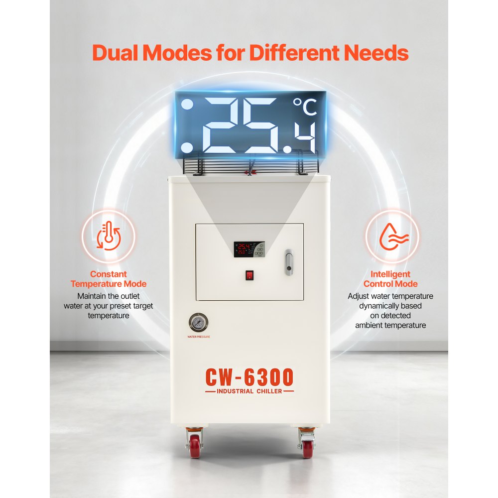 VEVOR Enfriador de Agua Industrial 27.300 BTU/h, Sistema de Enfriamiento de Enfriador de Agua con Compresor, Caudal Máximo de 18,5 GPM, Tanque de 40 L, para Máquina de Grabado y Corte Láser de CO2