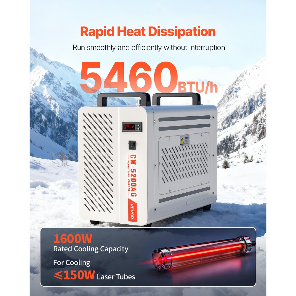 VEVOR Enfriador de Agua Industrial 5460 BTU/h, Sistema de Enfriamiento de Enfriador de Agua con Compresor, Caudal Máximo de 3,4 GPM, Tanque de 7 L, para Máquina de Grabado y Corte Láser de CO2